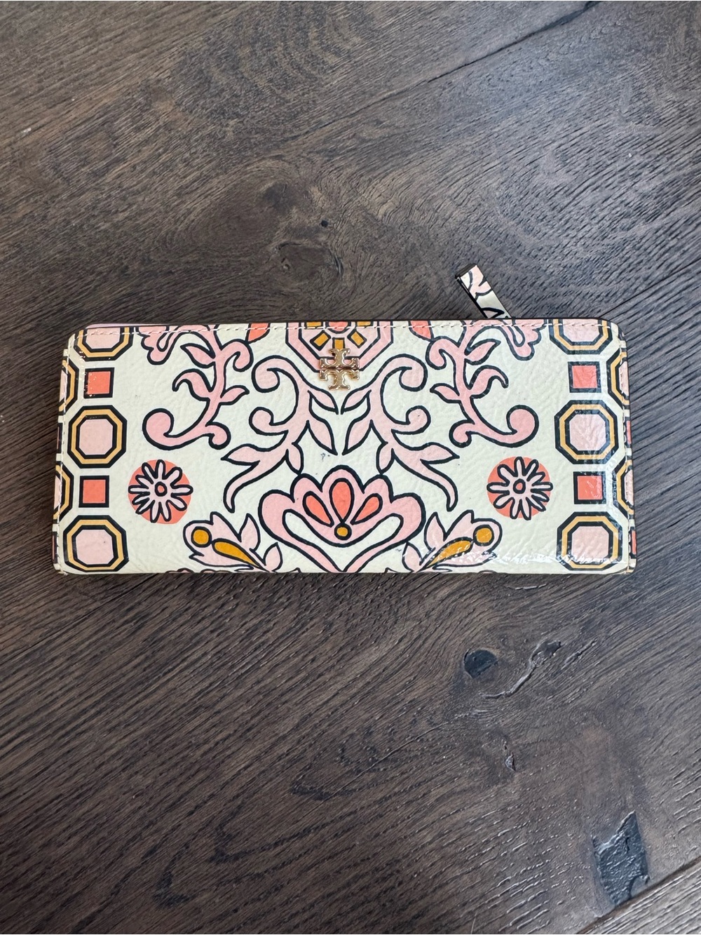 Tory Burch Cream and Pink Floral Zip Card Wallet